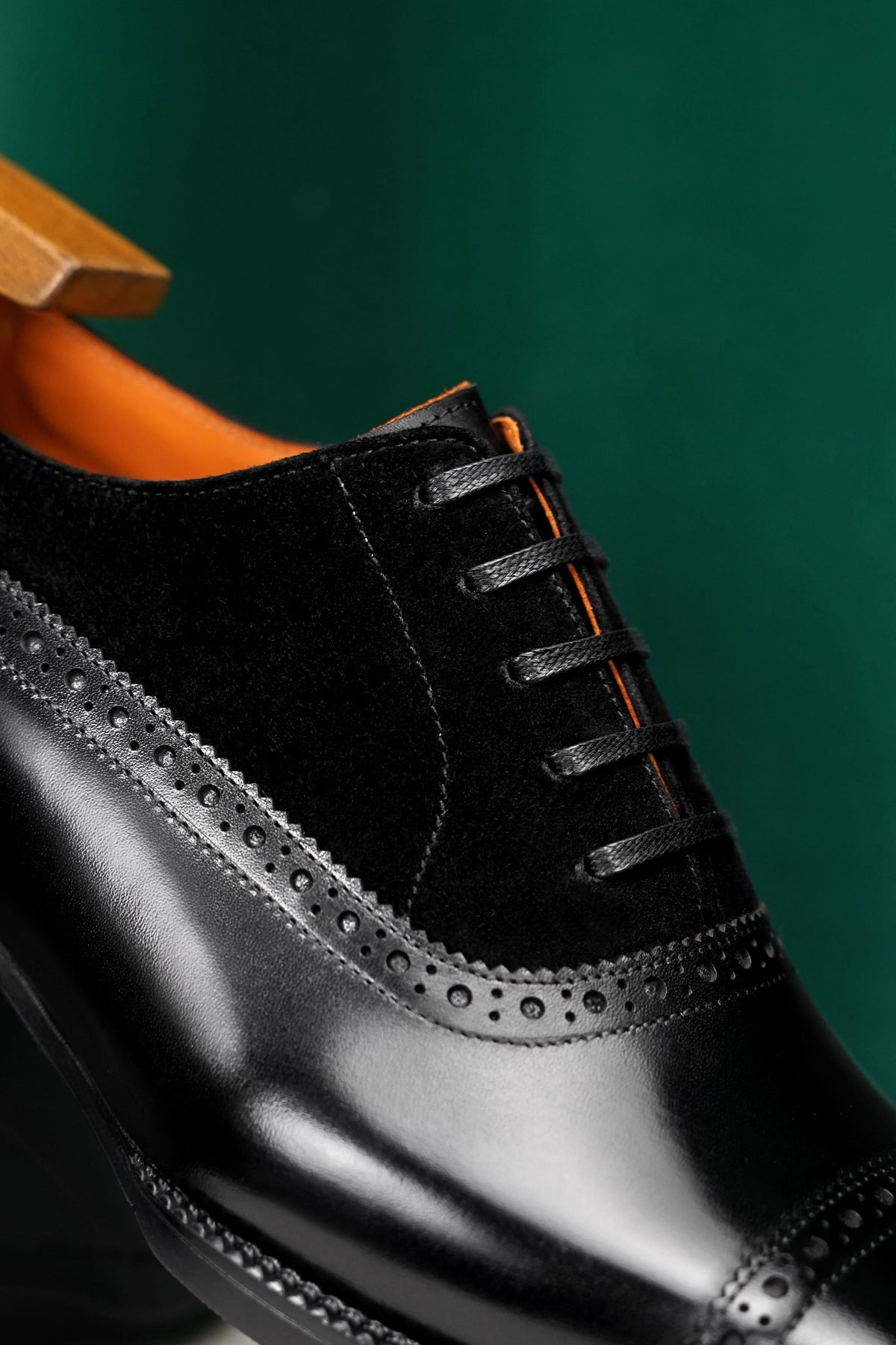 Black leather dress shoe on a green background