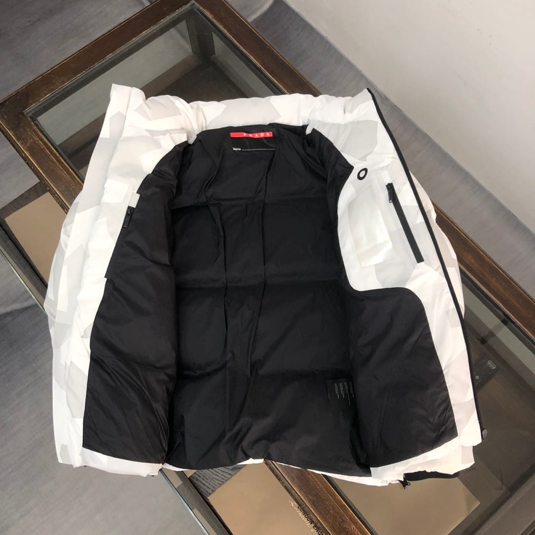 Prada Linea Rossa Alpine White Geometric Camo Hooded Down Ski Jacket