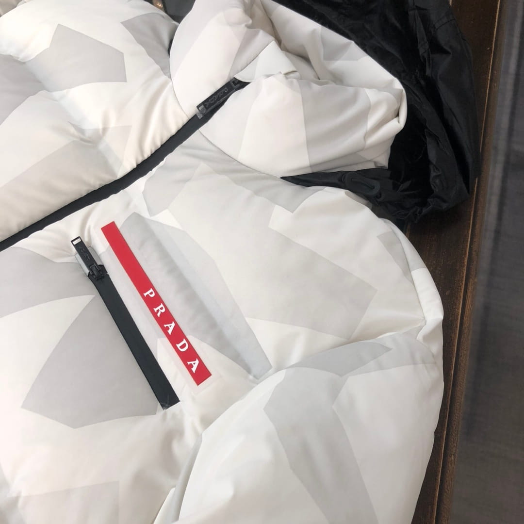 Prada Linea Rossa Alpine White Geometric Camo Hooded Down Ski Jacket