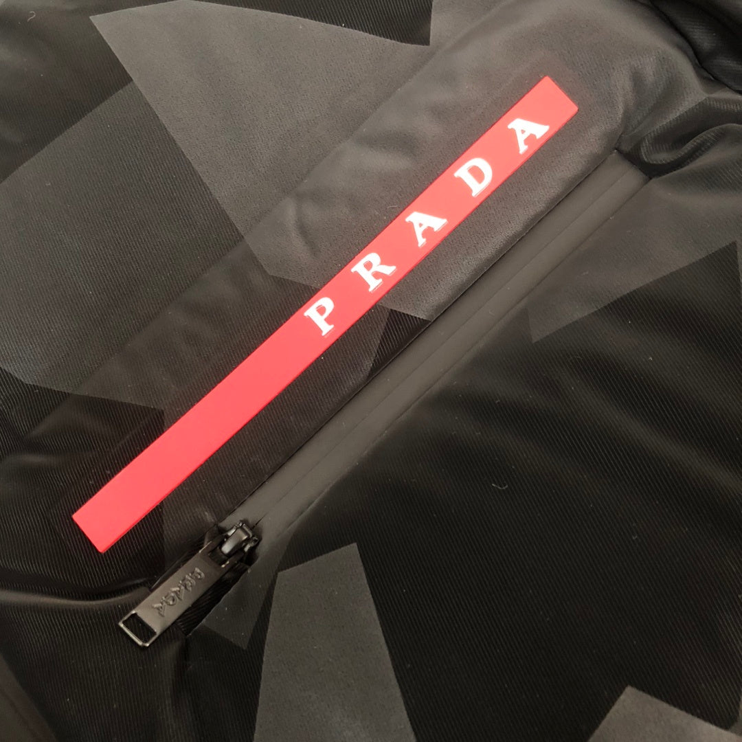 Prada Linea Rossa Men's Black Geometric Camo Hooded Down Ski Jacket