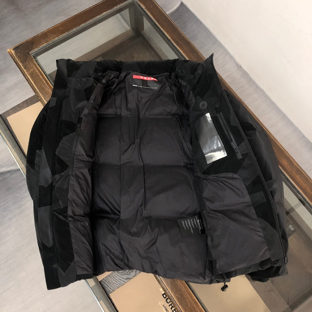 Prada Linea Rossa Men's Black Geometric Camo Hooded Down Ski Jacket