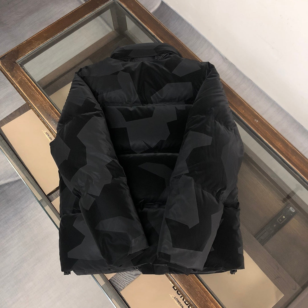 Prada Linea Rossa Men's Black Geometric Camo Hooded Down Ski Jacket