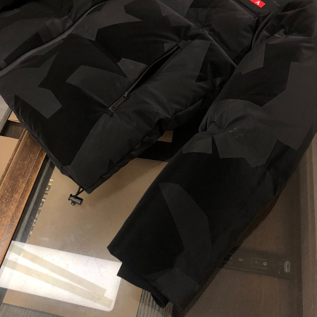 Prada Linea Rossa Men's Black Geometric Camo Hooded Down Ski Jacket