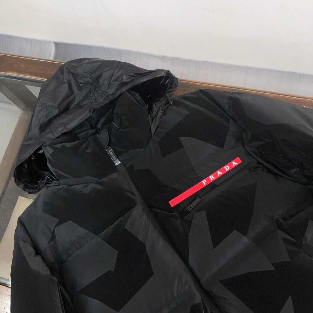 Prada Linea Rossa Men's Black Geometric Camo Hooded Down Ski Jacket