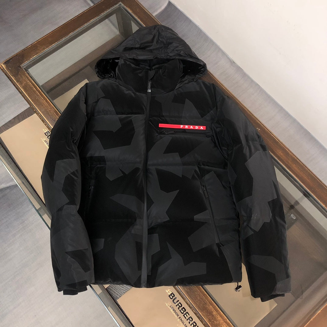 Prada Linea Rossa Men's Black Geometric Camo Hooded Down Ski Jacket