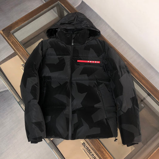 Prada Linea Rossa Men's Black Geometric Camo Hooded Down Ski Jacket