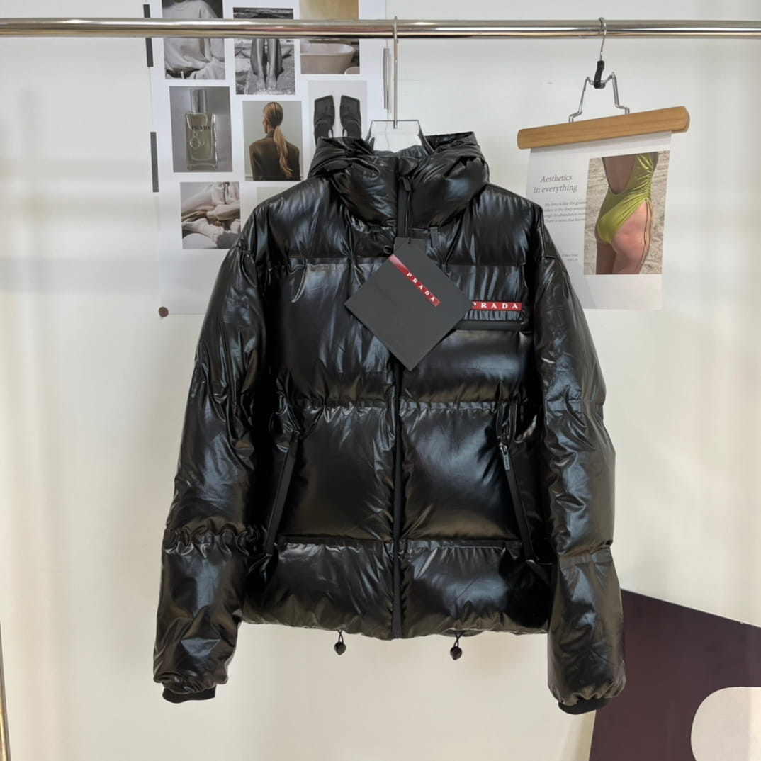 Prada Linea Rossa Men's Glossy Black Hooded Ski Down Jacket