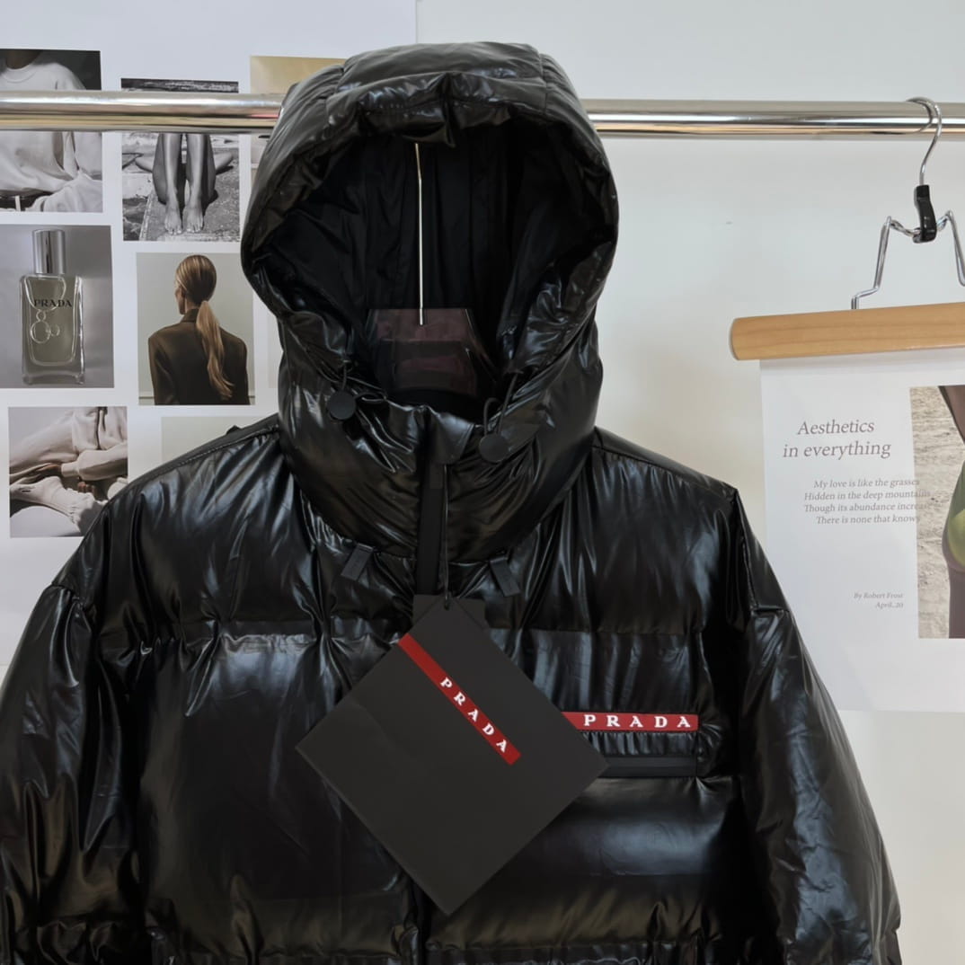 Prada Linea Rossa Men's Glossy Black Hooded Ski Down Jacket