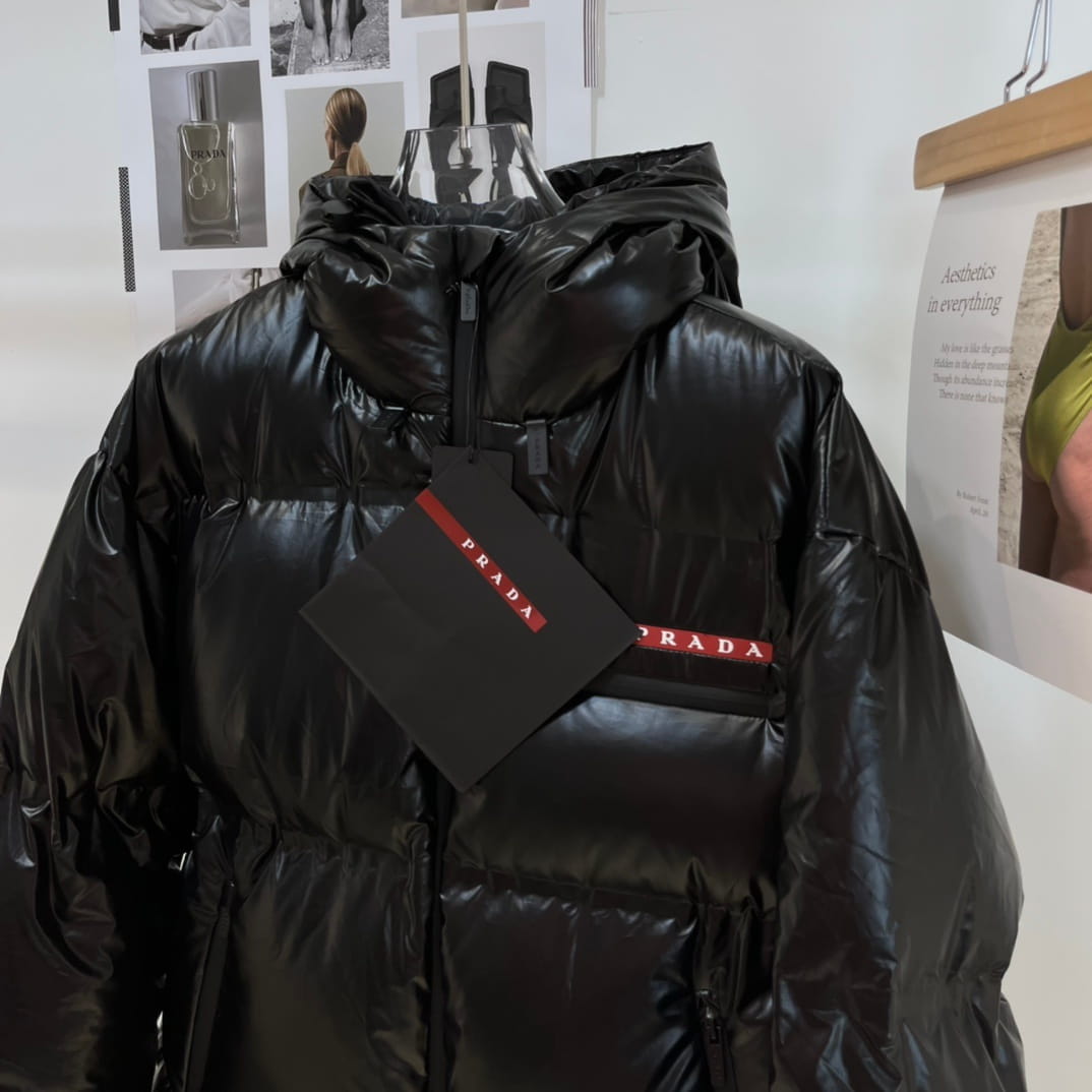 Prada Linea Rossa Men's Glossy Black Hooded Ski Down Jacket