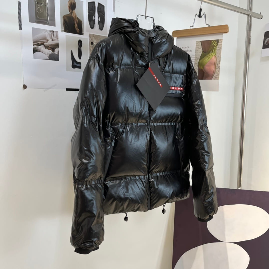 Prada Linea Rossa Men's Glossy Black Hooded Ski Down Jacket