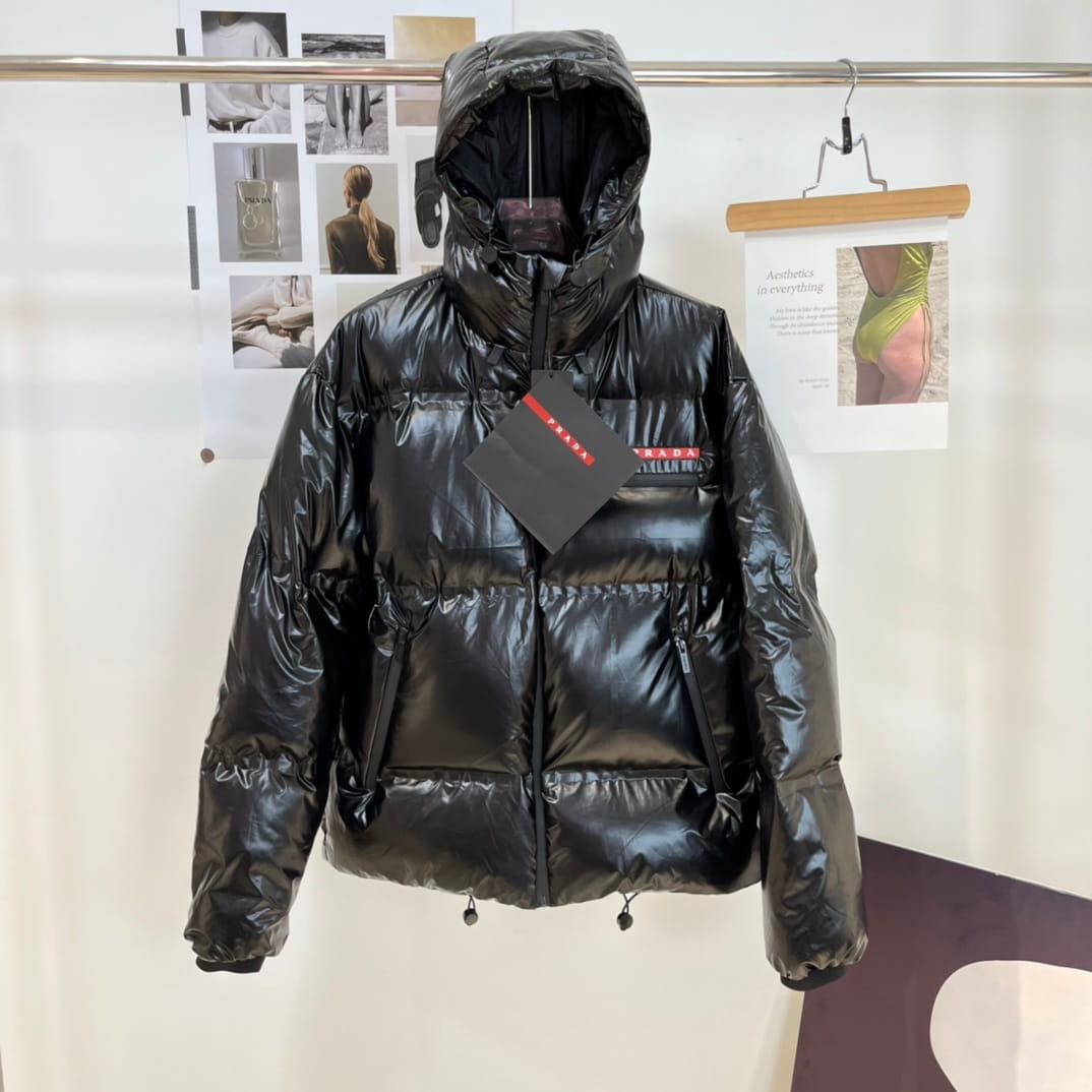 Prada Linea Rossa Men's Glossy Black Hooded Ski Down Jacket