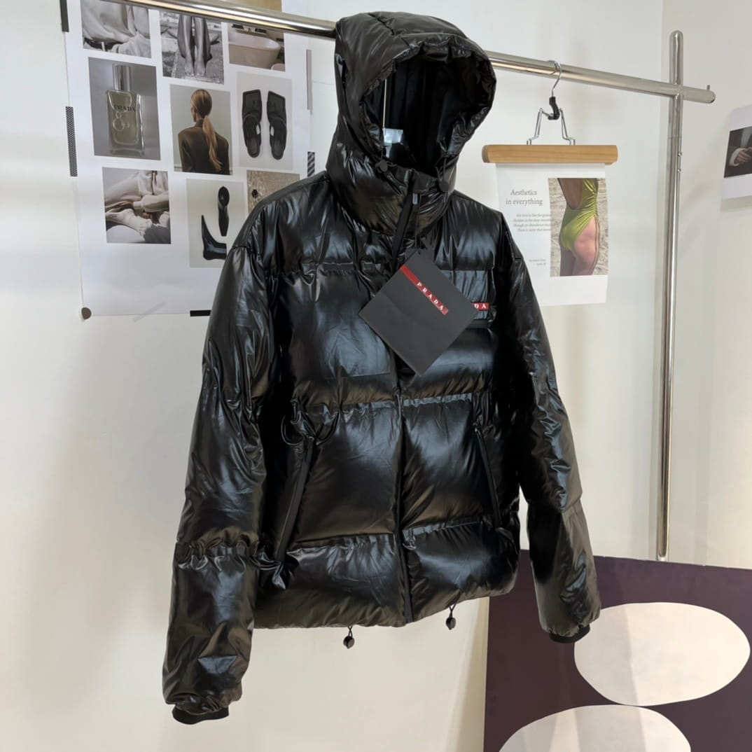 Prada Linea Rossa Men's Glossy Black Hooded Ski Down Jacket