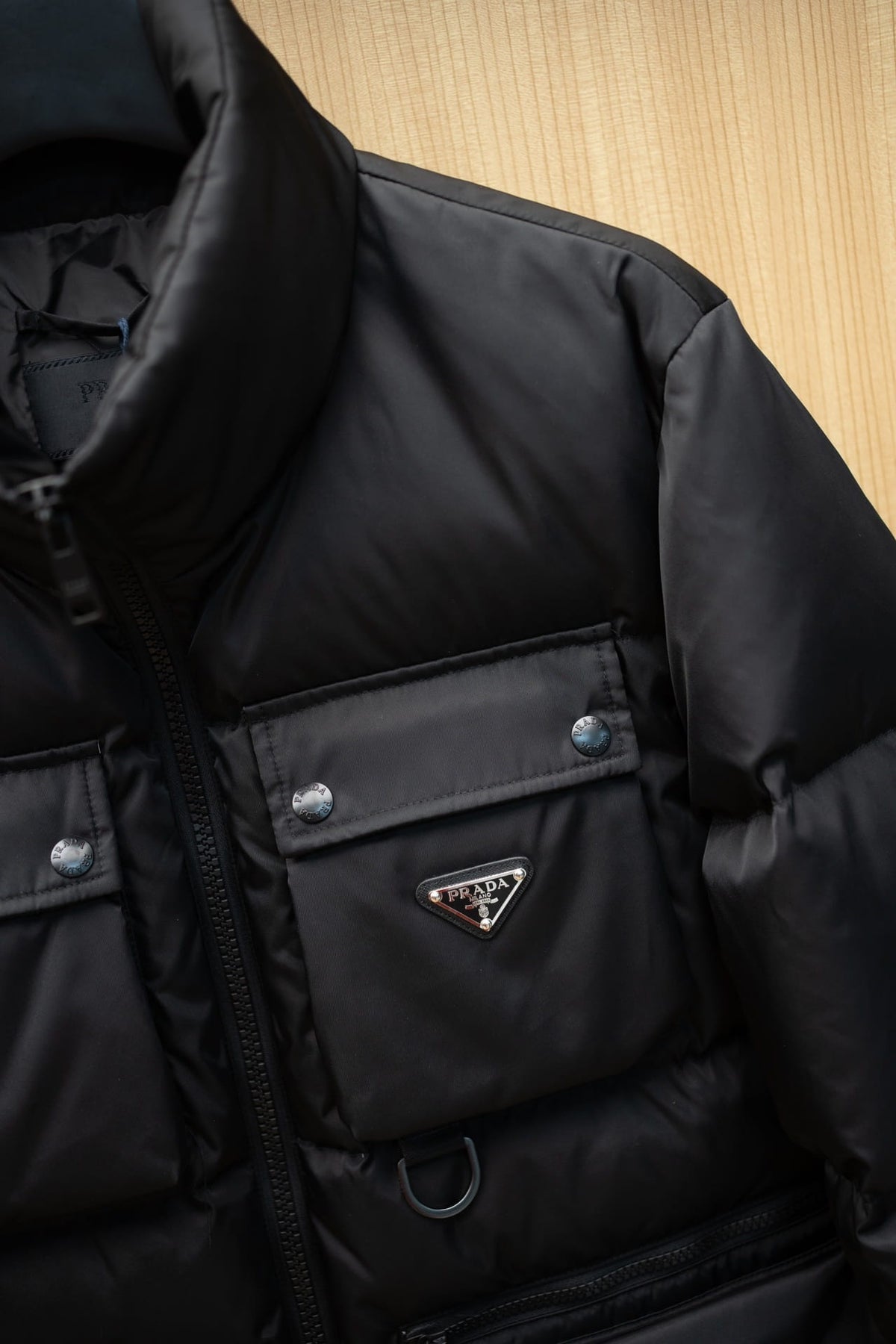 Prada Men's Stealth Black Re-Nylon Utility Cargo Down Jacket