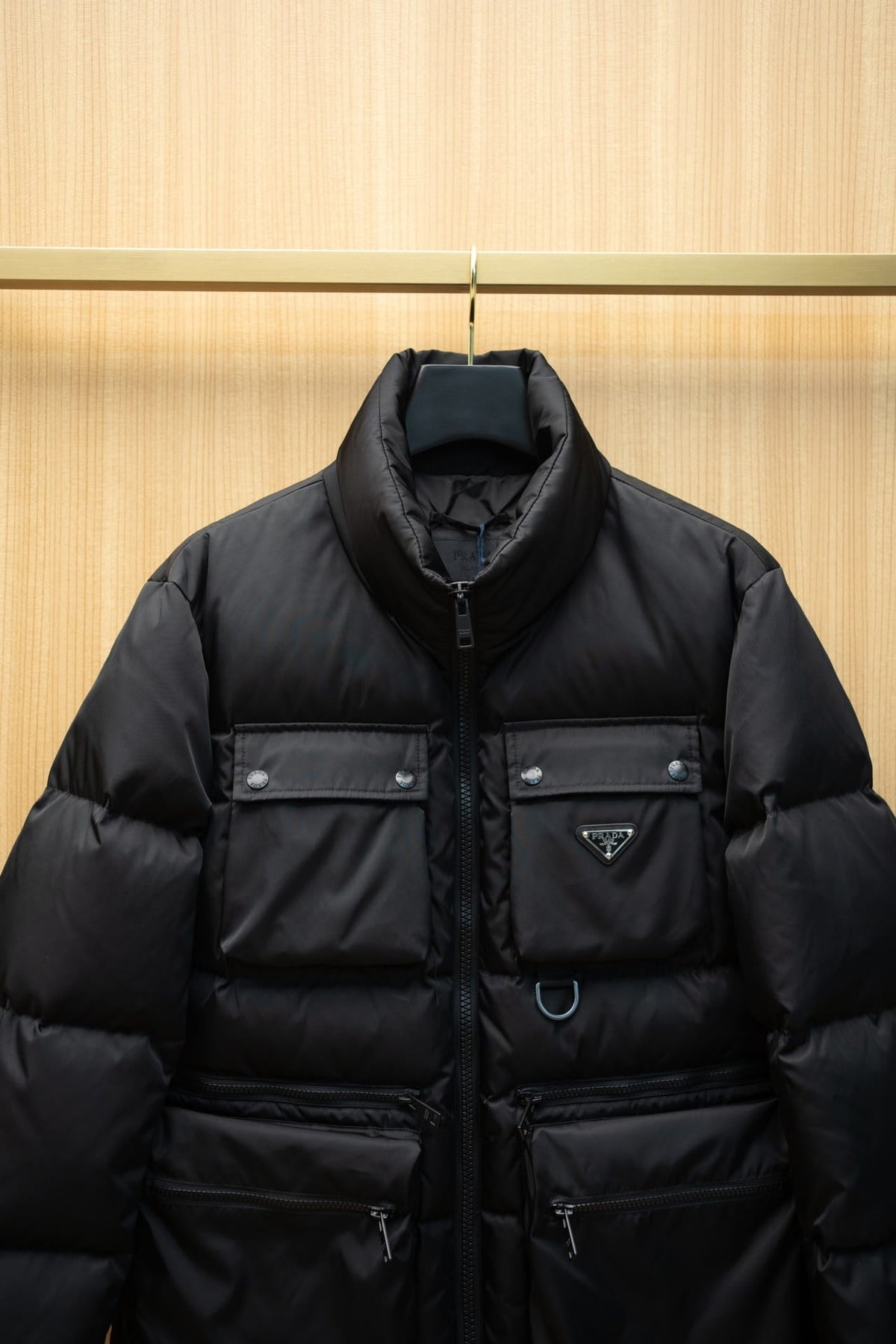 Prada Men's Stealth Black Re-Nylon Utility Cargo Down Jacket