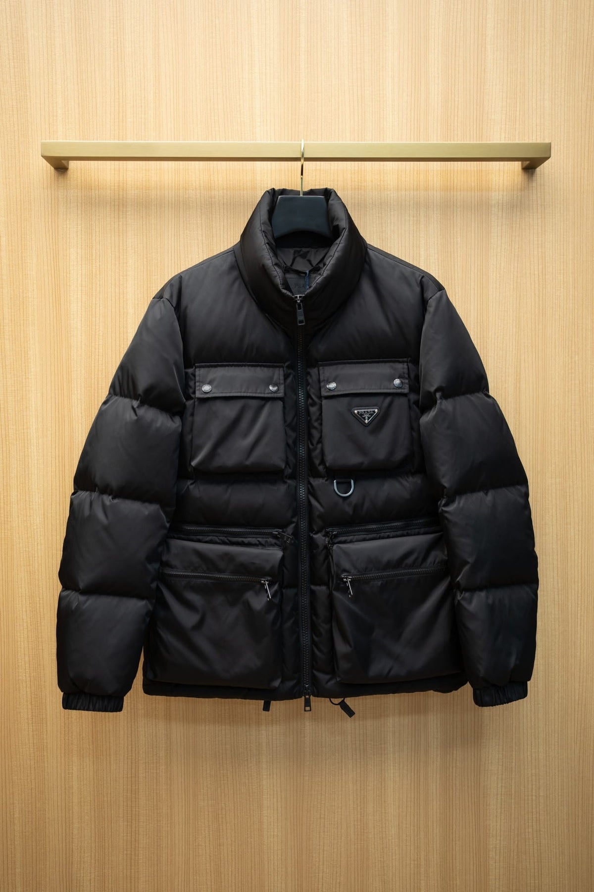 Prada Men's Stealth Black Re-Nylon Utility Cargo Down Jacket