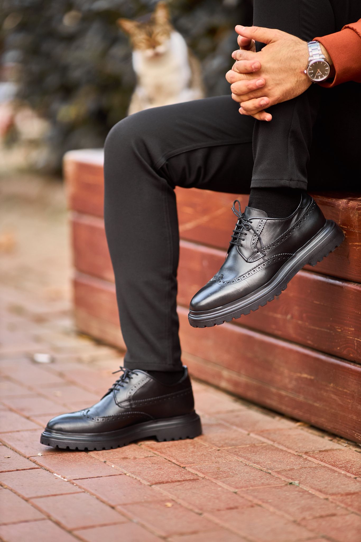 Black Chunky Sole Wingtip Brogue Derby Shoes