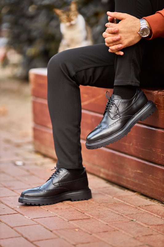 Black Chunky Sole Wingtip Brogue Derby Shoes