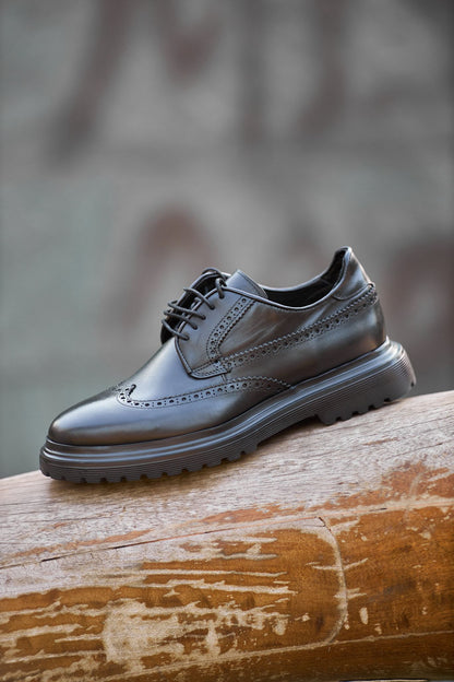 Black Chunky Sole Wingtip Brogue Derby Shoes