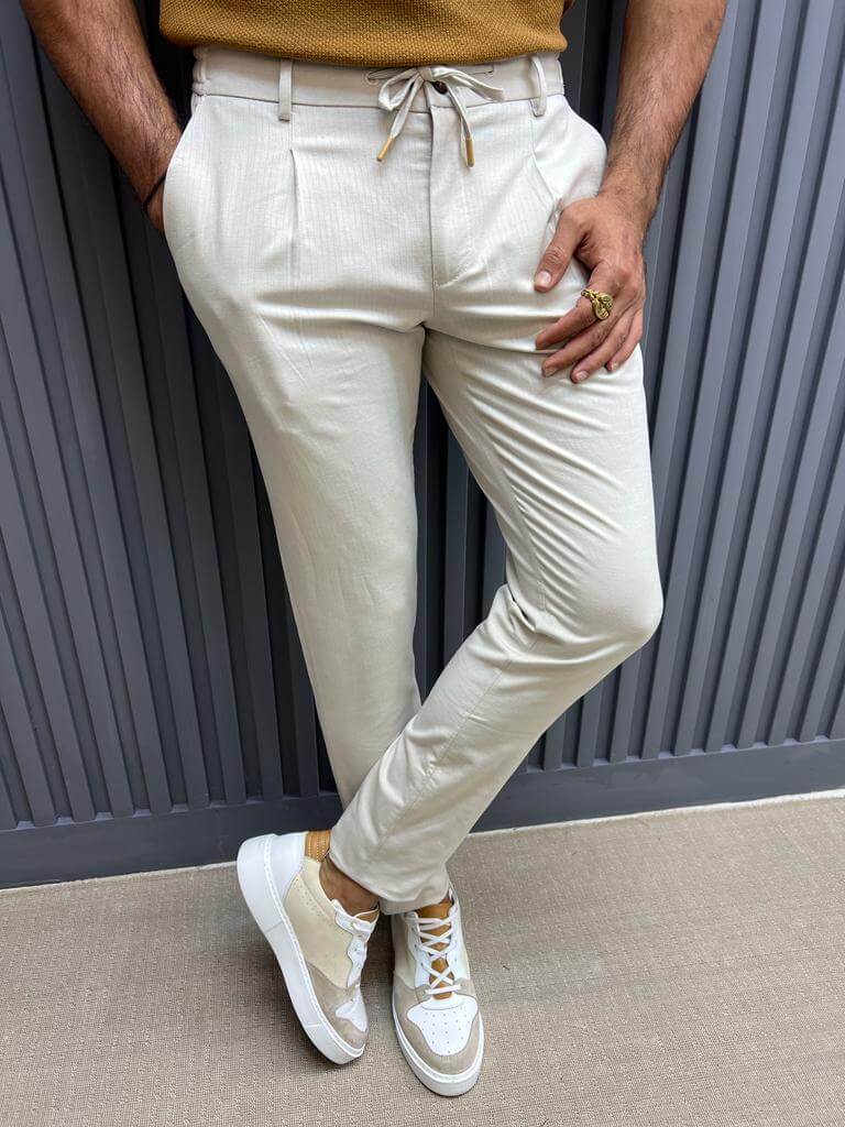 HolloShoe Beige Pleated Slim Fit Trousers Removable Rope Closure Unique Men s Fashion Essential Hollo Shoe