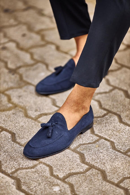 navy blue Premium suede leather loafers with tassel detail, crafted from 100% luxurious suede leather for sophistication and style.