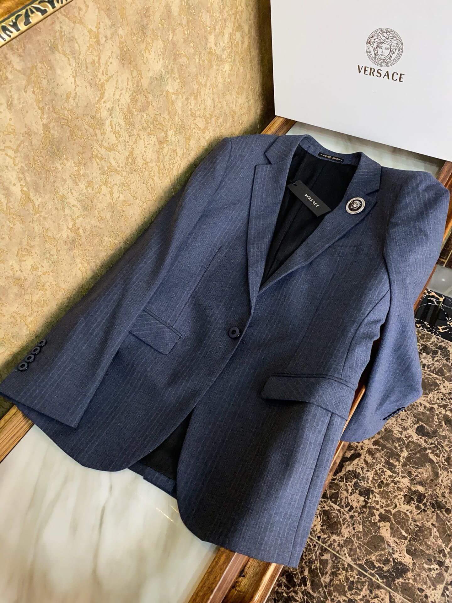 Versace Pinstripe Navy Suit