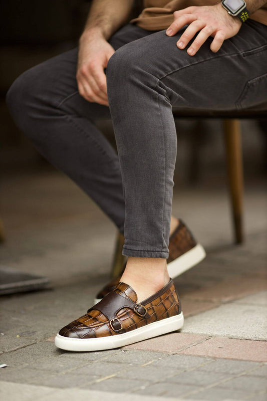 Brown Double Monk Sneakers on dispay