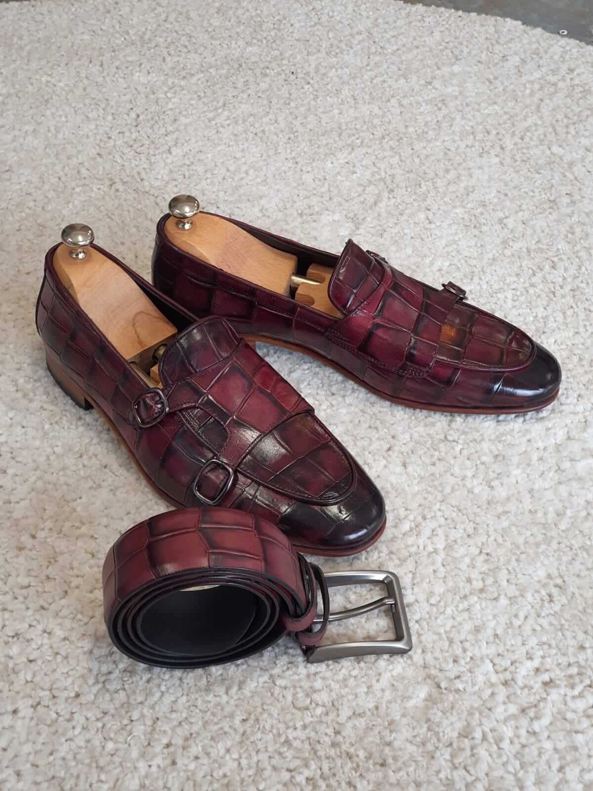 Claret Double Monk Strap Leather Loafers – premium red crocodile-embossed leather, pair with shoe trees and matching belt, showcasing refined elegance.