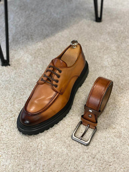 Camel Leather Derby Shoe – single shoe with shoe tree, alongside a matching camel leather belt, highlighting premium genuine leather.