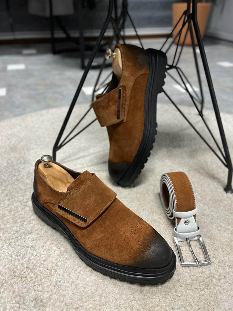 Camel Suede Loafers for Fall & Winter Wear – pair on a white rug with a black chunky Eva sole, showcasing a modern flap closure and sophisticated style.