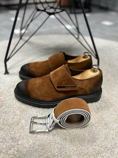 Camel Suede Loafers for Fall & Winter Wear – pair on a white rug with a black chunky Eva sole, showcasing a modern flap closure and sophisticated style.