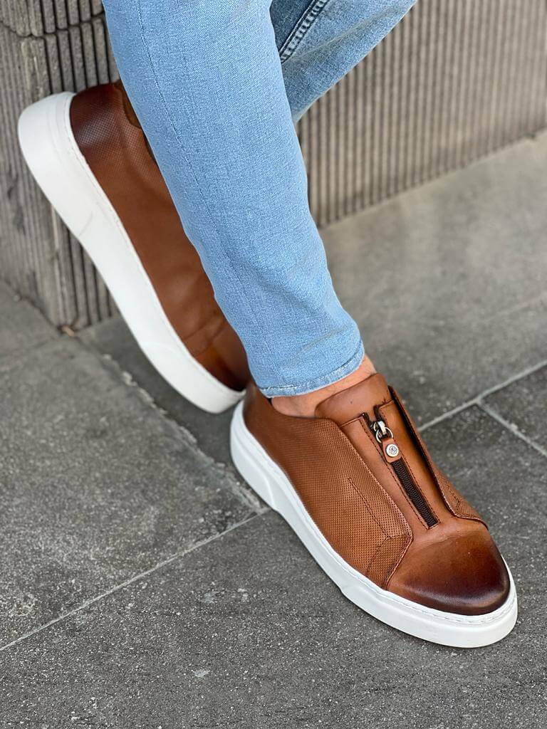 slip on dress shoes brown Men's Slip-On Loafer Shoes-Bruno Marc reducing foot pressure and protecting your joints HolloShoe Brown Mid-Top Zipper Slip-Ons