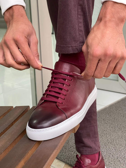 Claret Red Lace-Up Leather Sneakers