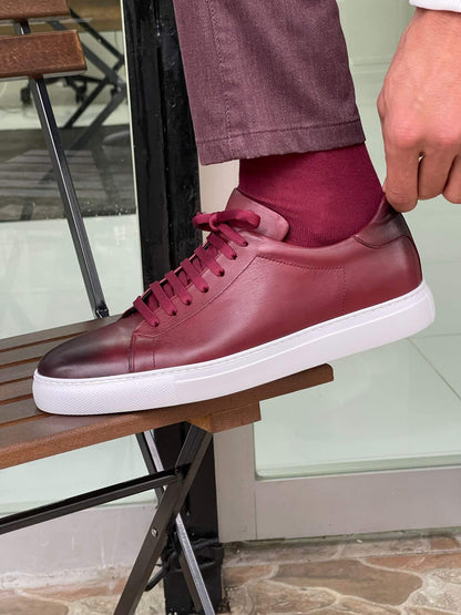 Claret Red Lace-Up Leather Sneakers