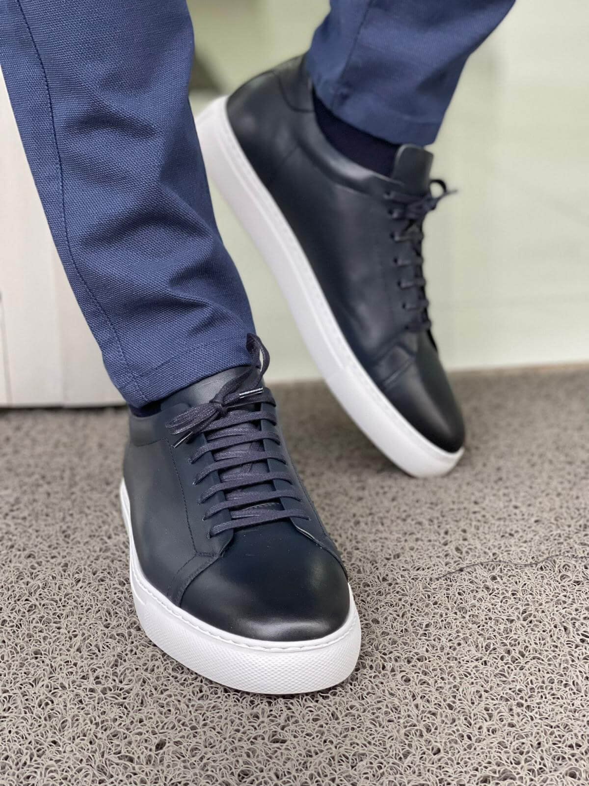 Navy Blue Lace-Up Leather Sneakers