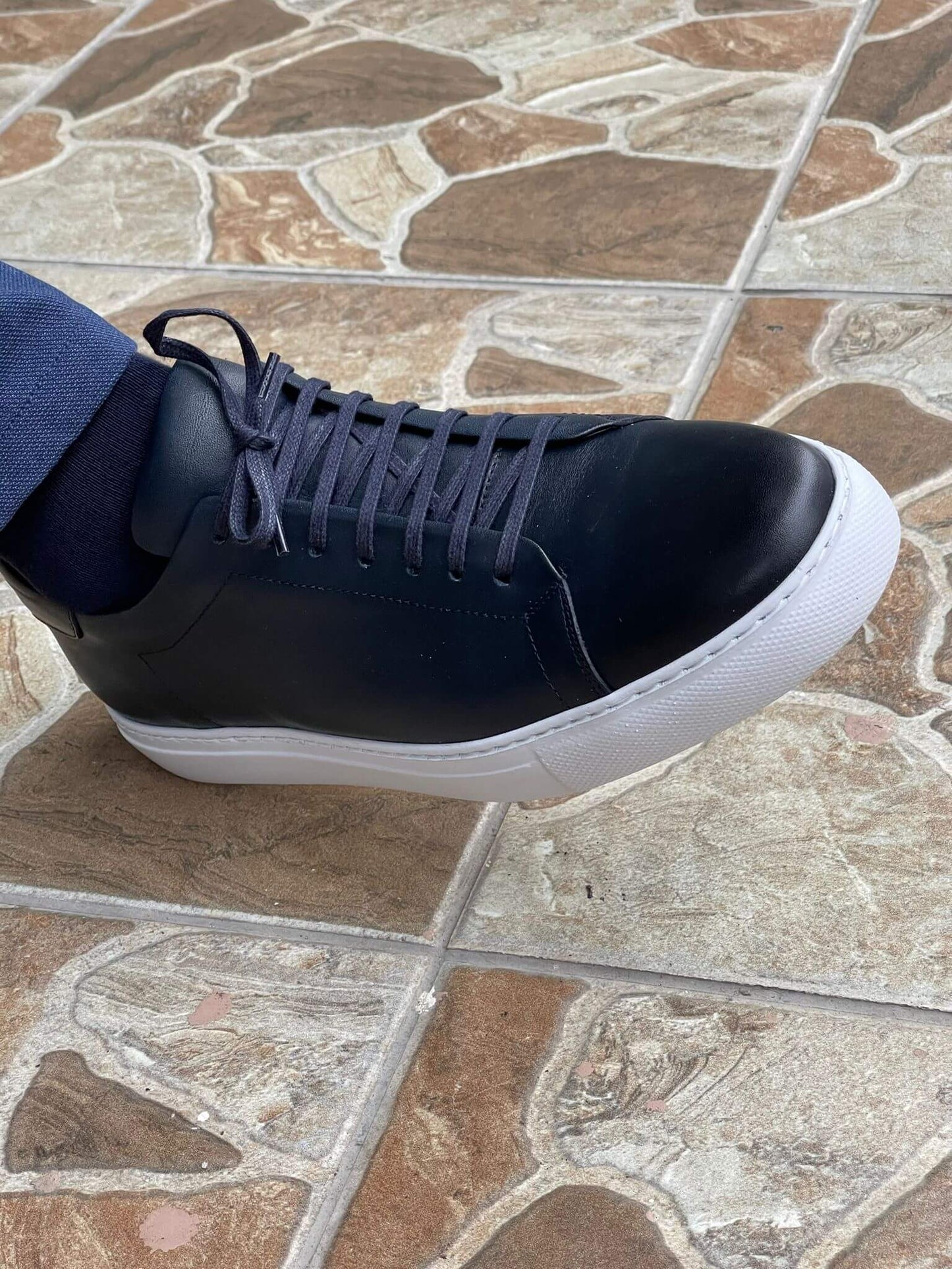 Navy Blue Lace-Up Leather Sneakers