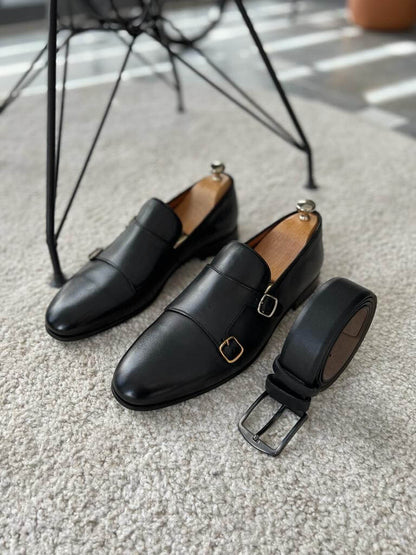 Black Buckled Leather Monk Strap