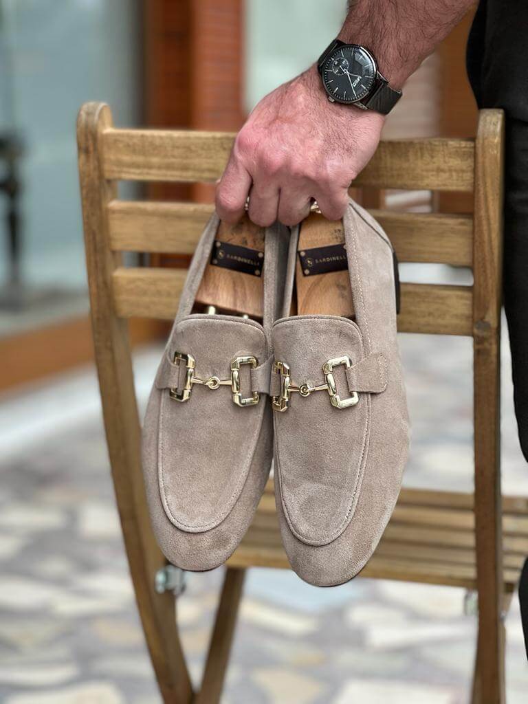 Beige Suede Snaffle Loafers - Perfect for Jeans and Suits with Socks