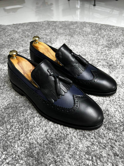 HolloShoe's black and navy blue tassel loafers, featuring 100% leather and neo-lite soles.