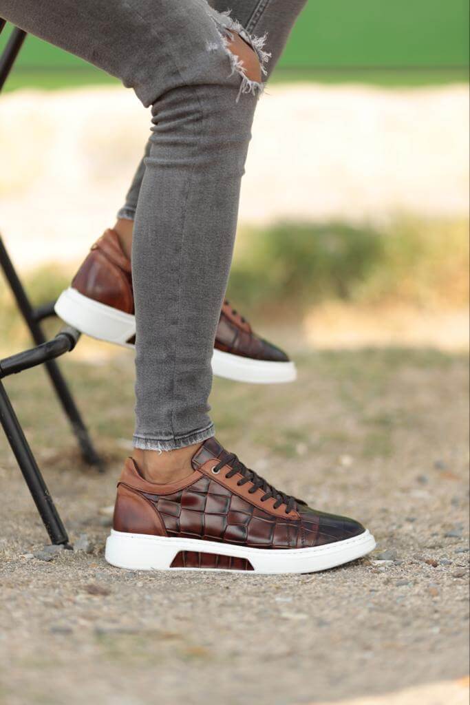 Camel croco leather sneakers made from 100% genuine leather with an EVA sole. Distinctive texture and camel color, perfect for casual and smart casual outfits.