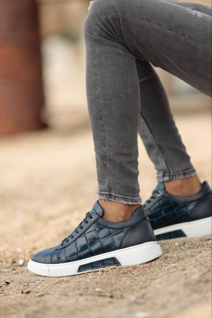 Blue croco leather sneakers made from 100% genuine croco leather with an EVA sole. Bold color and unique texture, perfect for elevating any outfit.