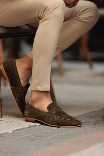 Suede Khaki Penny Loafers