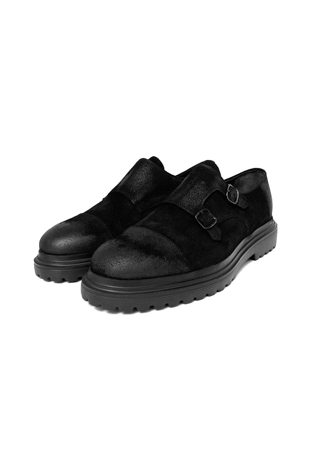Suede Black Double Monk Strap Shoe