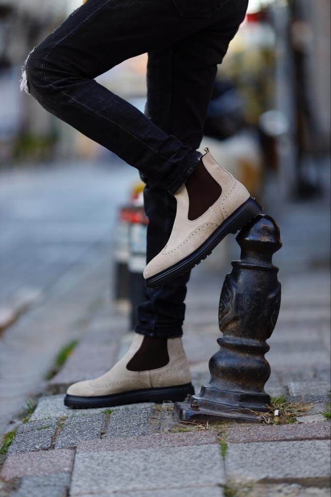 Beige Nubuck Chelsea Boots with Round Toe, Elastic Sides, and Perforations