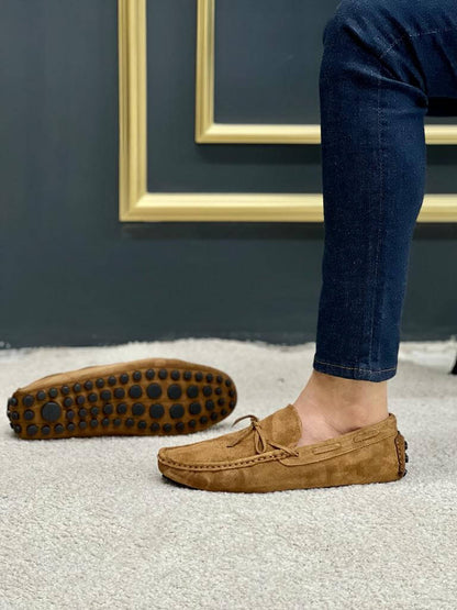Premium Oakmond Brown Suede Driving Loafers – detailed view of the shoes and the flexible pebbled rubber sole.