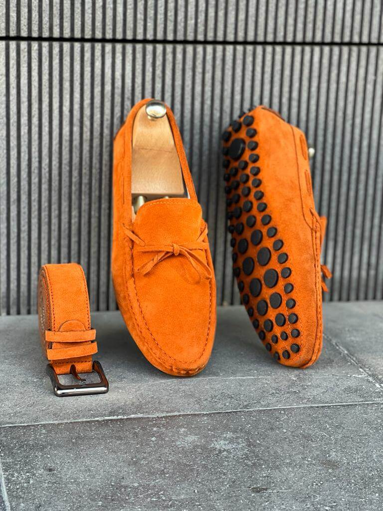 Premium Oakmond Orange Suede Driving Loafers – pair with a matching belt, showcasing a durable rubber sole with circular grips for a comfortable and stylish look.